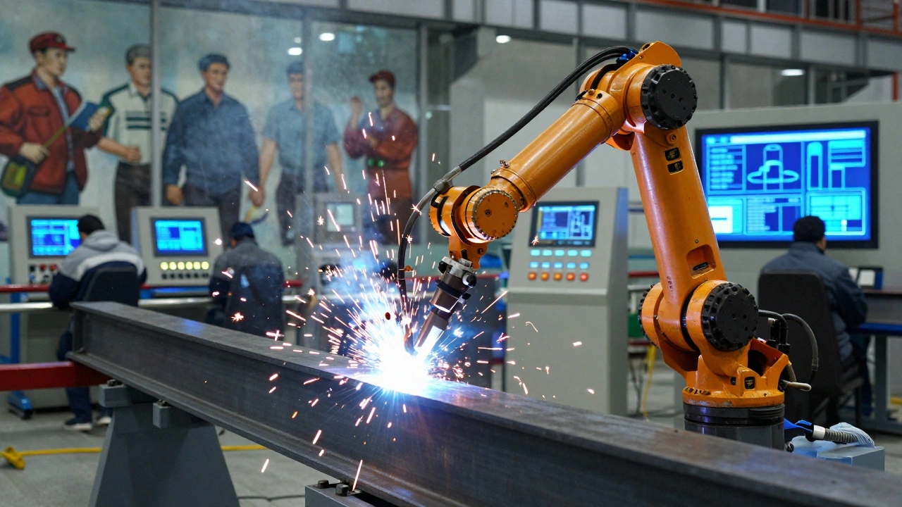 Робот-сварщик в современном российском заводе, искры летят в замедленном движении, на фоне — цифровые панели управления.