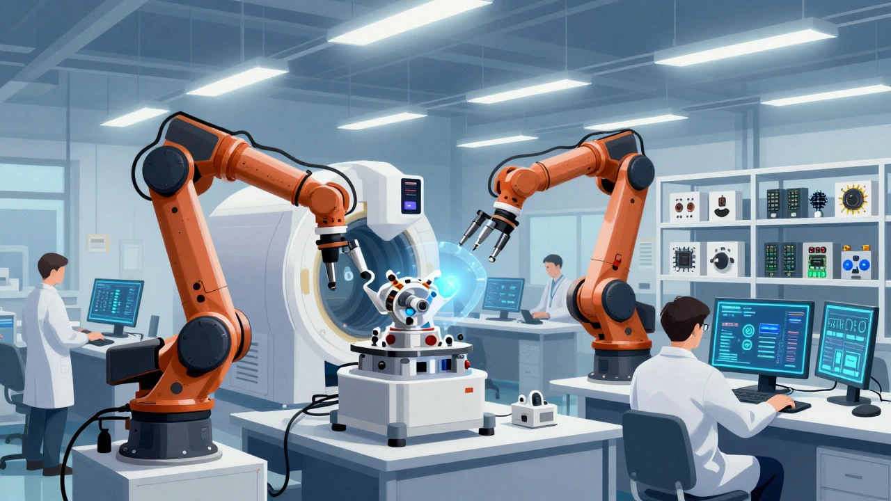 Роботы на производстве медицинского оборудования в современном цеху.