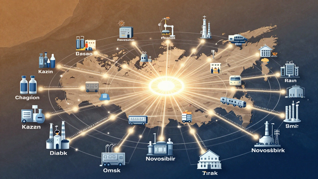 Схема экономических связей между заводами по всей России, соединённых светящимися линиями.