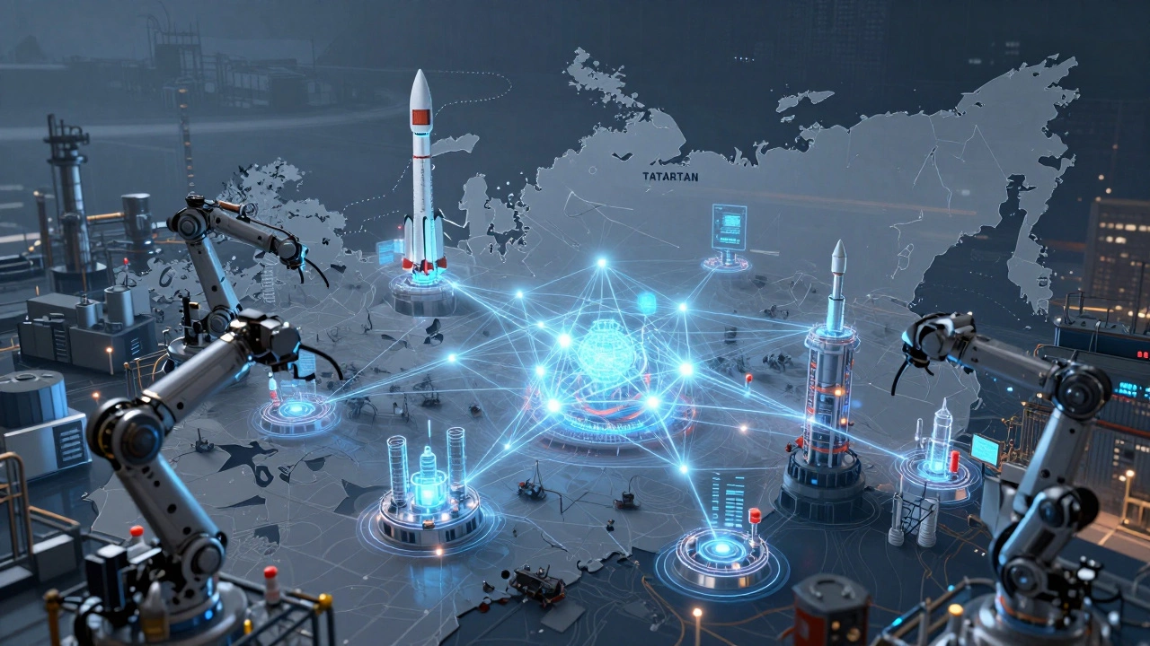 Схема промышленных центров России: цифровые фабрики Татарстана, Подмосковья и Урала в виде светящихся сетей.