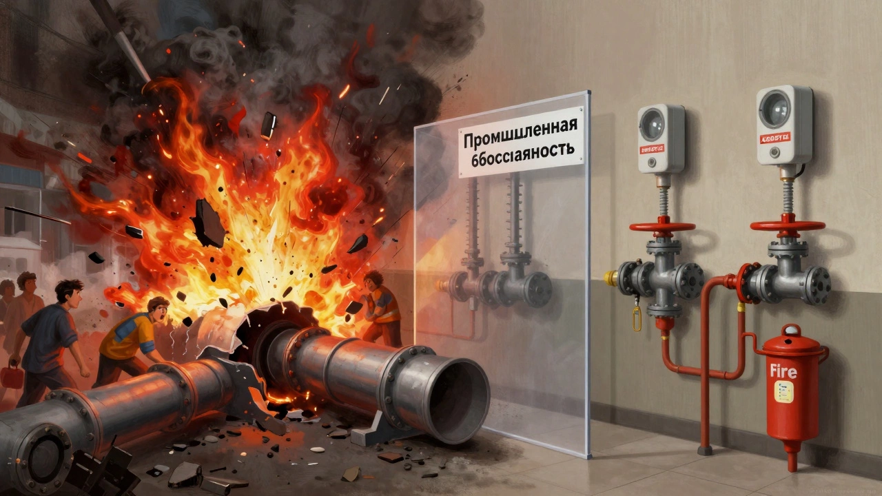 Сравнение хаотичного взрыва и упорядоченной системы безопасности, разделённых защитным щитом.