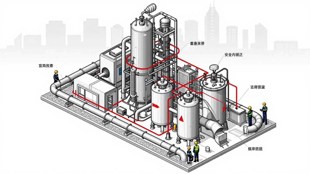Технический разрез промышленного объекта с показом всех систем безопасности и ролей персонала.