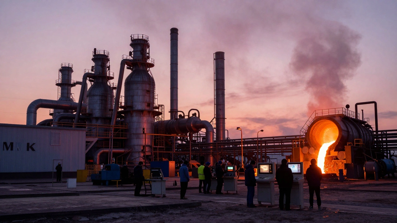 Заводы Урала на рассвете: домна, стальные потоки и цифровые панели управления.