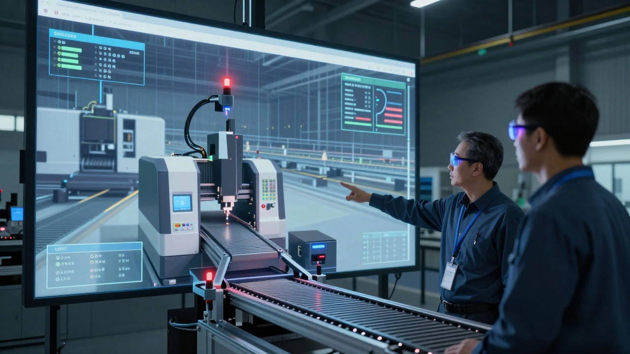 Цифровой двойник производства на экране совмещён с реальной линией, инженеры анализируют оптимизацию процессов.