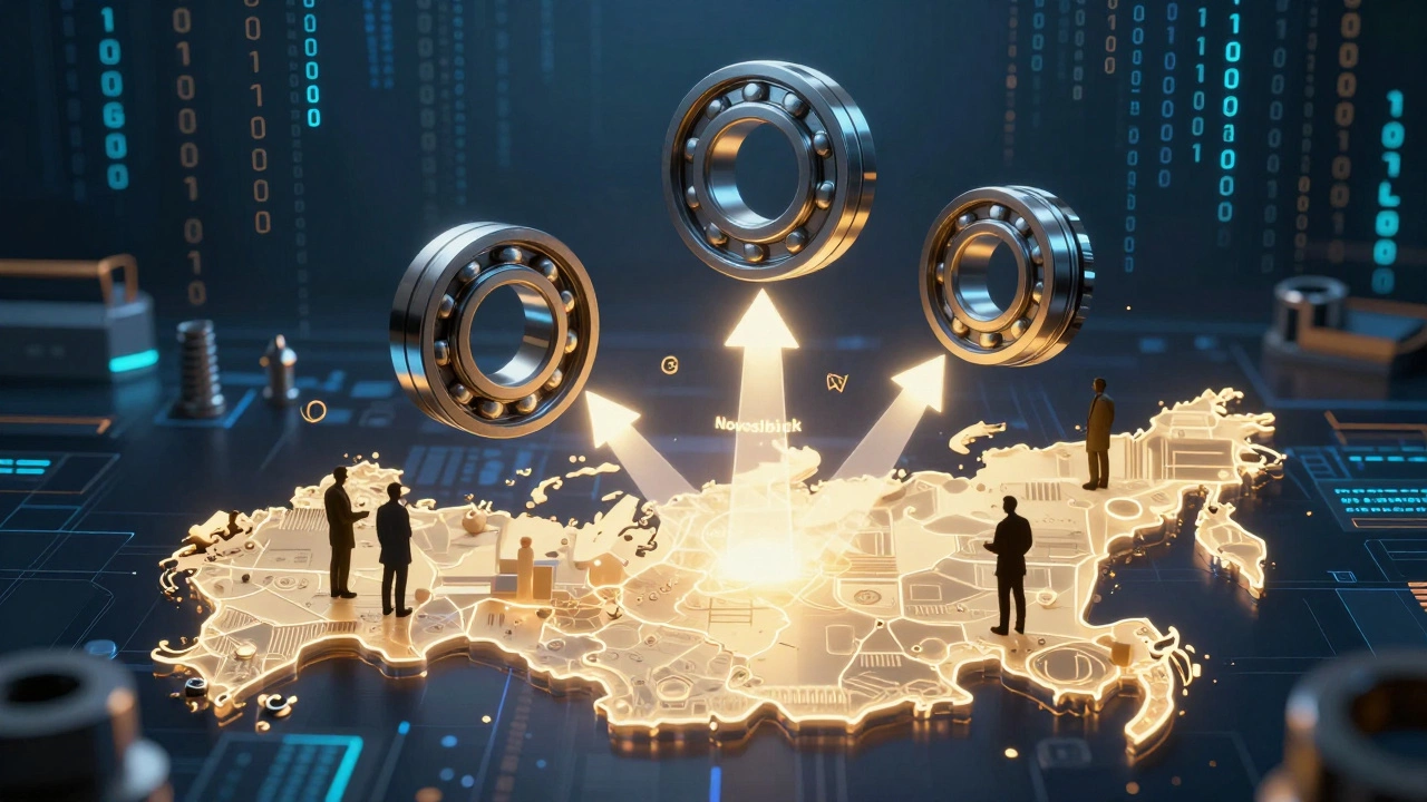 Цифровой рынок 3D-моделей в машиностроении с плавающими деталями, соединёнными световыми потоками с городами России.