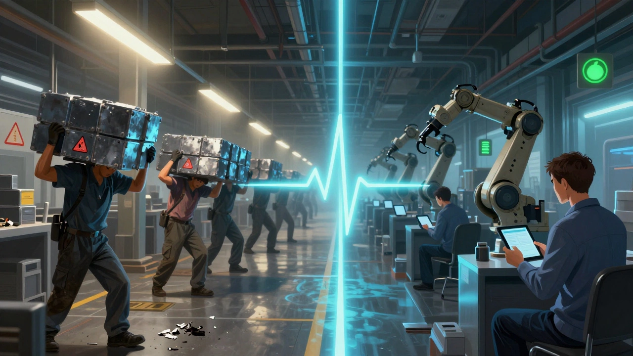 Две стороны завода: ручной труд с опасностями слева и автоматизация с эффективностью справа.