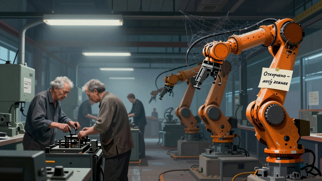 Фабричный цех с работниками и заброшенными роботами, символизирующий сопротивление автоматизации.