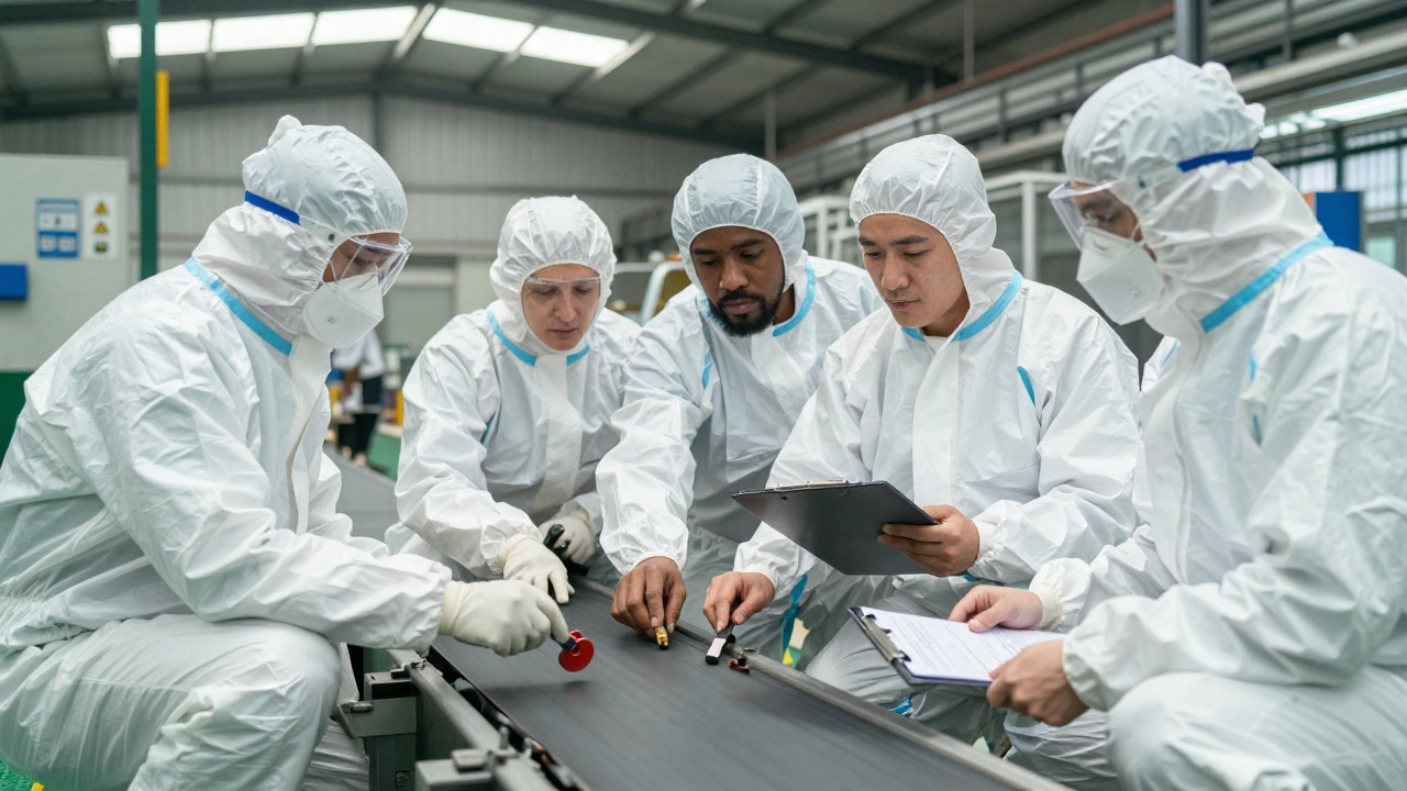 Группа работников и менеджеров вместе проверяют оборудование в рамках ежемесячного дня безопасности.