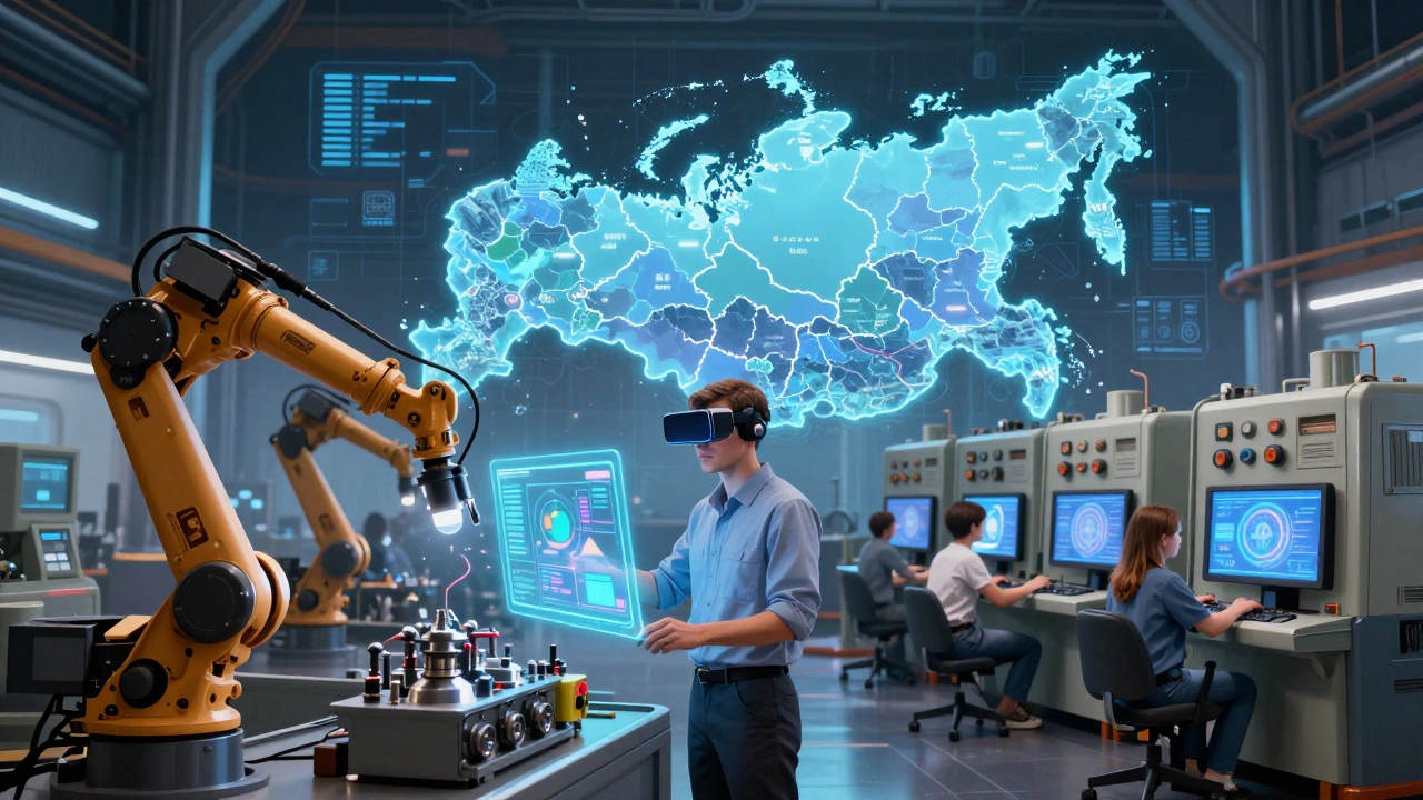 Инженеры работают с голографическими интерфейсами на современном заводе, рядом — старые станки и молодые сотрудники на тренажёрах.