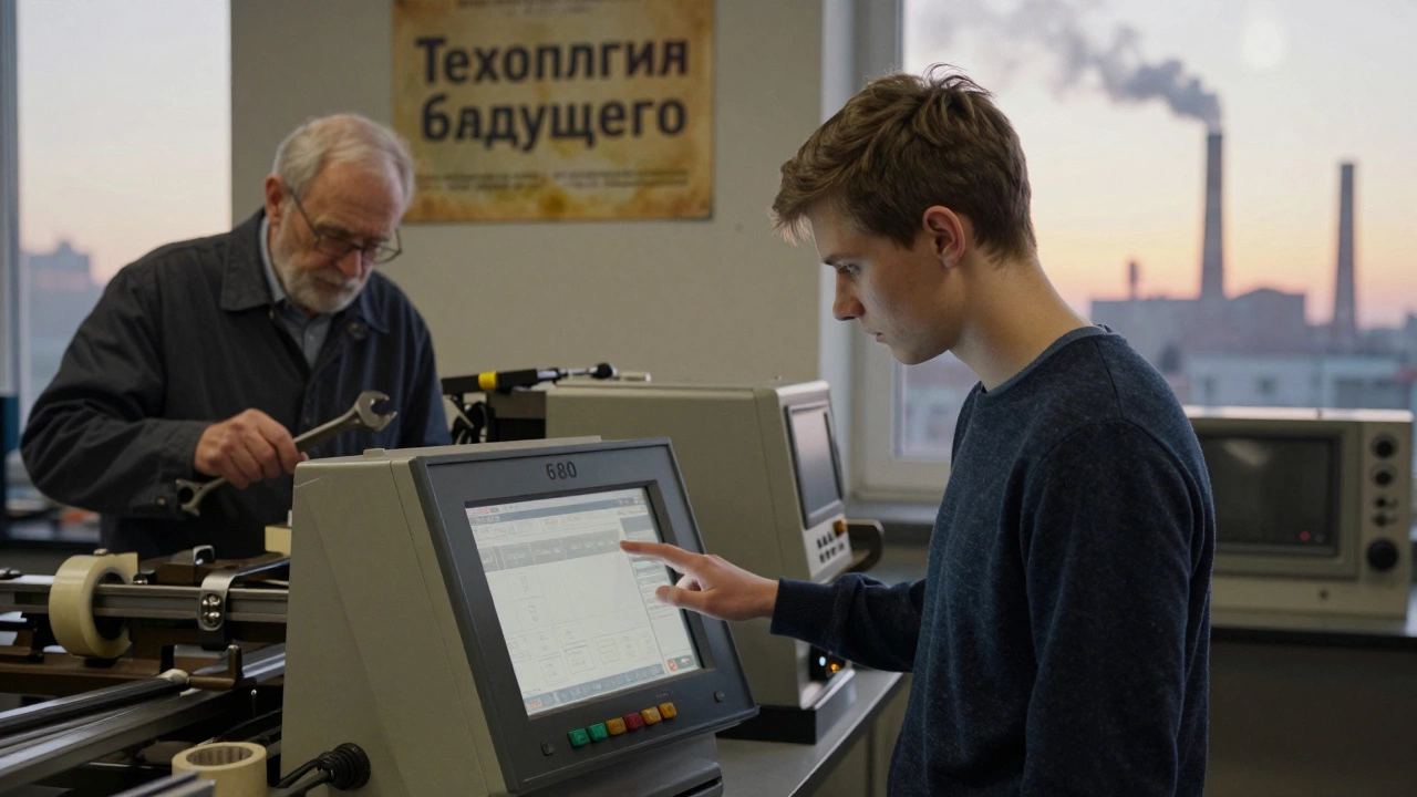 Молодой студент смотрит на экран современного станка, старый мастер чинит старую машину за его спиной.