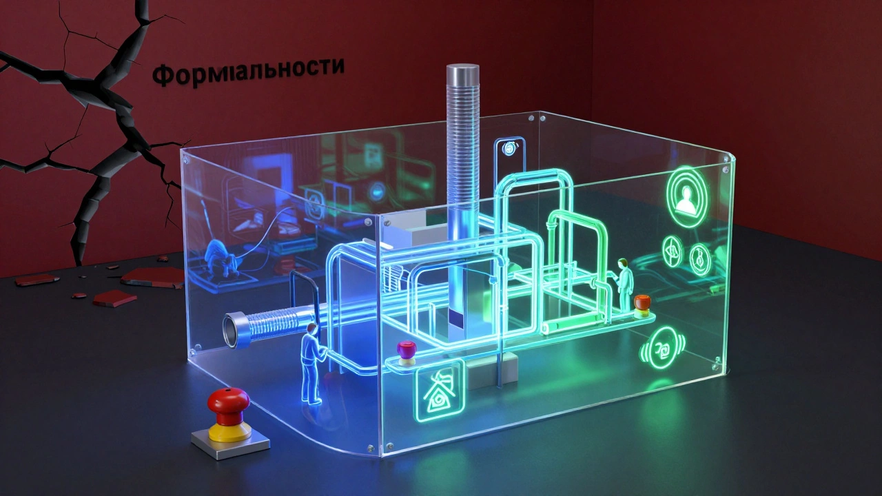 Прозрачная схема системы безопасности завода: ограждения, кнопки аварийной остановки, вентиляция и обучение.