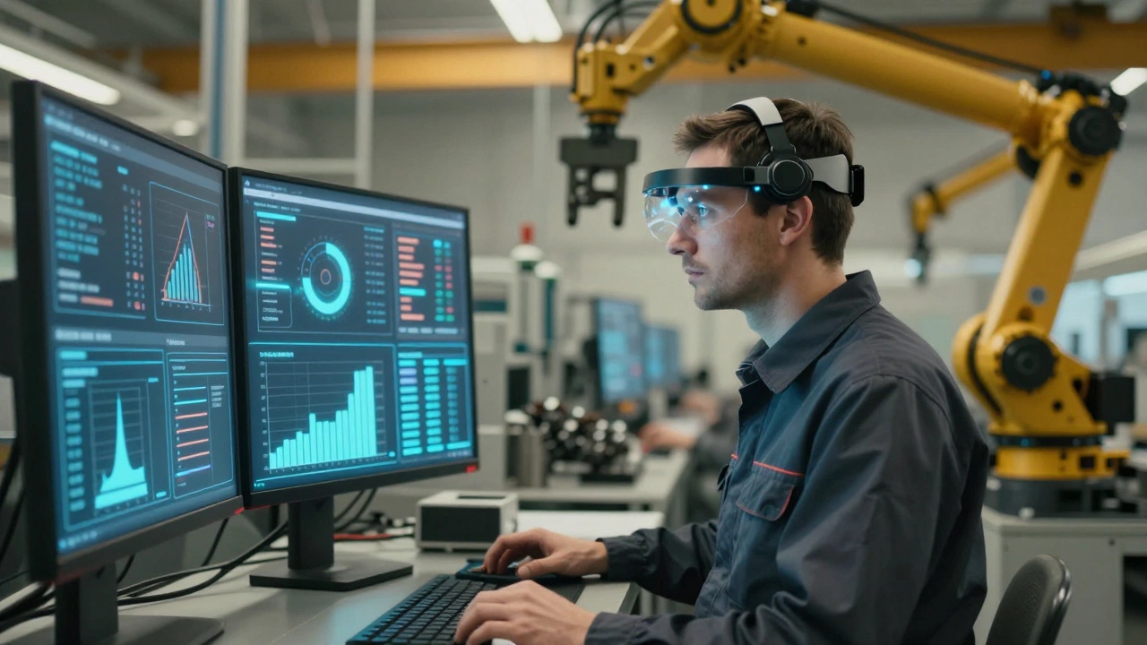 Рабочий управляет производством через цифровые панели, роботы в фоне перемещают детали.