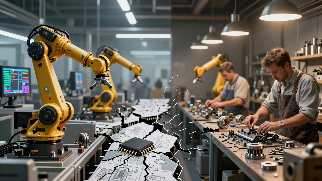 Разделённая сцена: современный немецкий завод слева, российский цех с разрушающимся оборудованием справа.