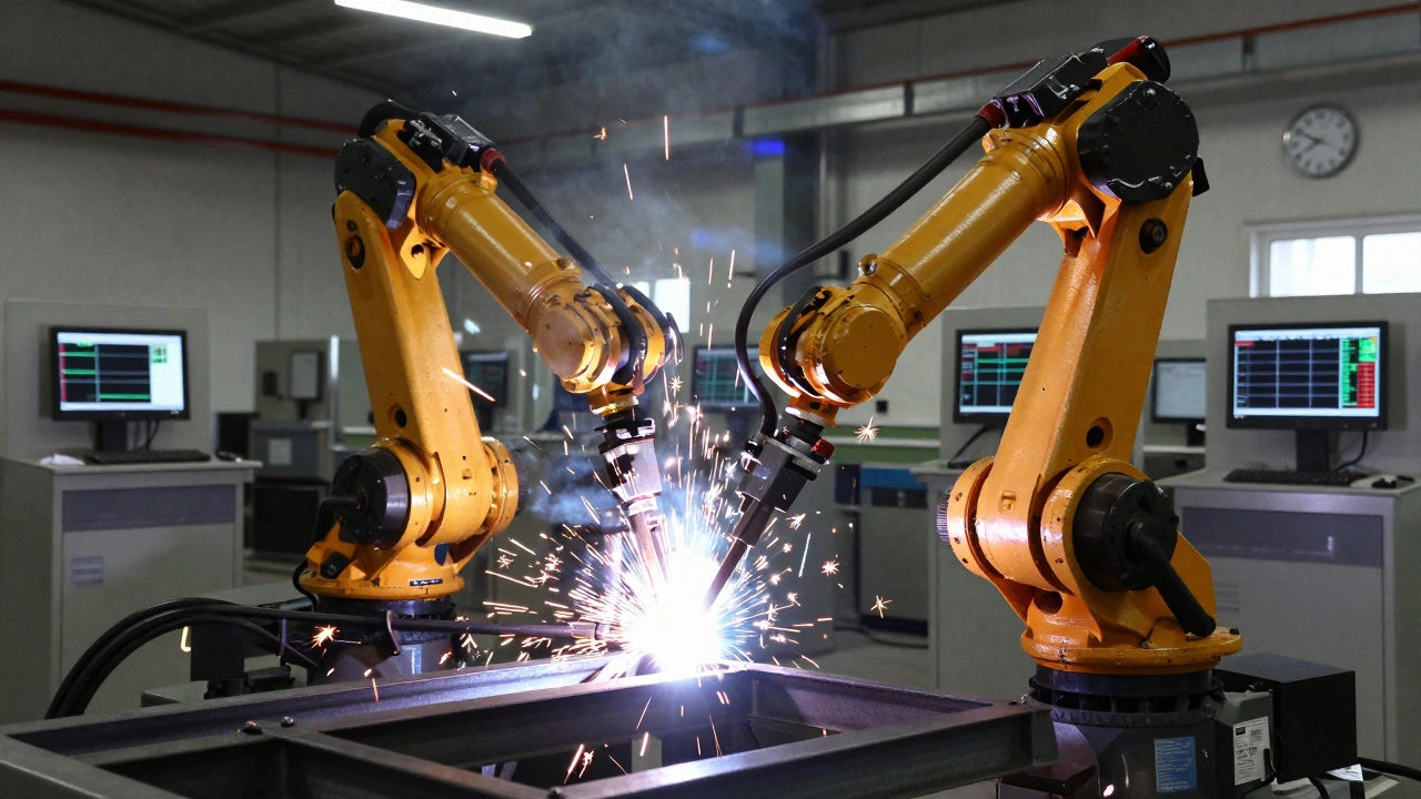 Робот-сварщик работает ночью на заводе, искры летят в темноте, вокруг пустые рабочие места.