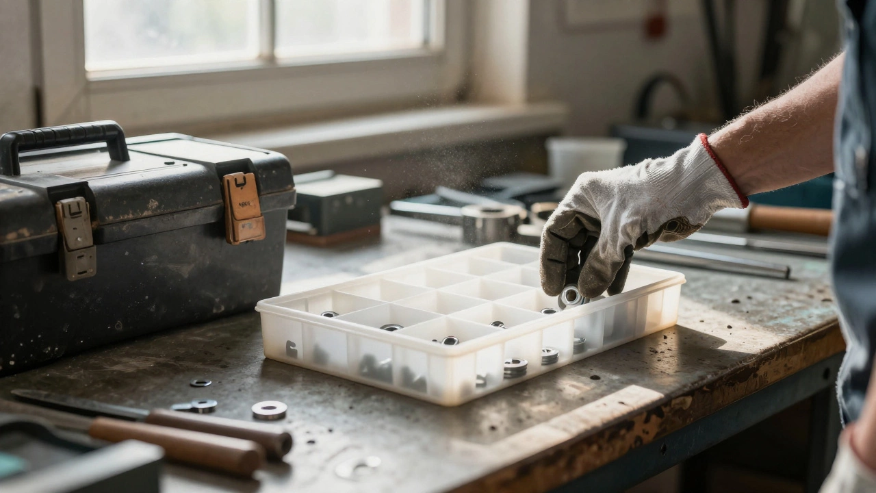 Самодельный органайзер для шайб на рабочем столе, заменивший хаотичный ящик.