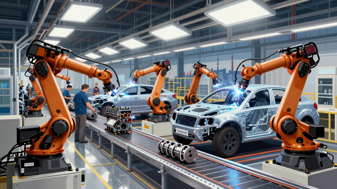 Сборочная линия автомобиля с роботами и запчастями из разных регионов России.