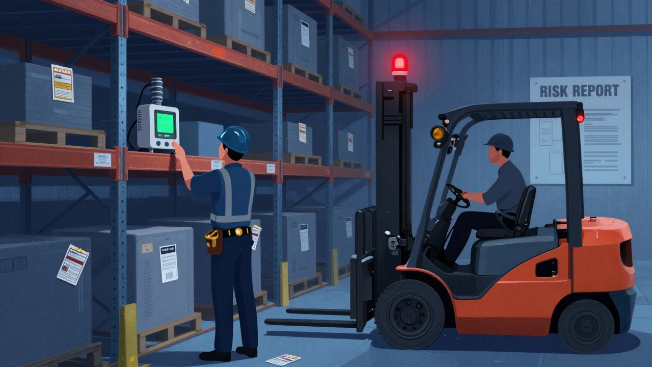 Склад с датчиками нагрузки на стеллажах и работником, проверяющим безопасность оборудования.