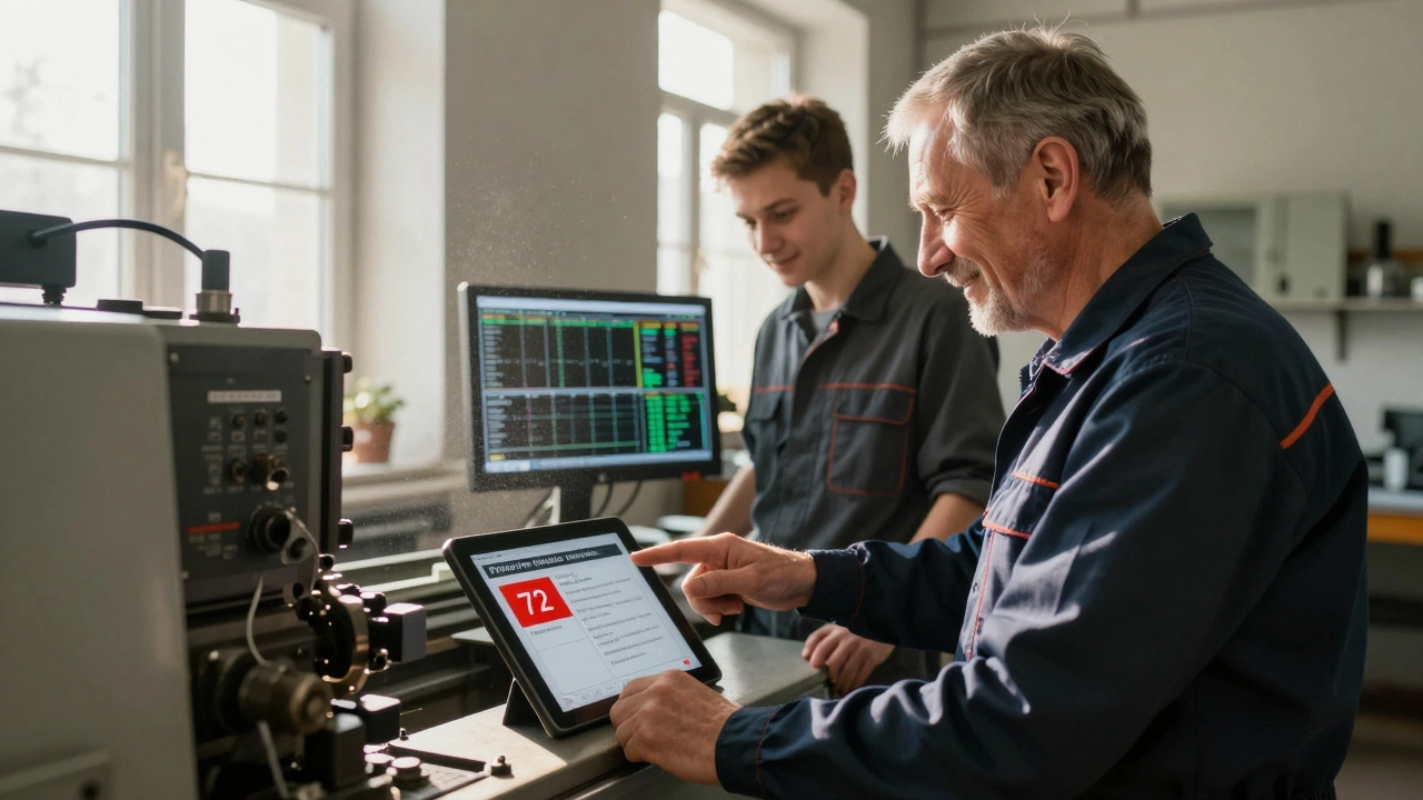 Техник смотрит на планшет с предиктивным предупреждением о поломке станка, рядом — ученик изучает данные.