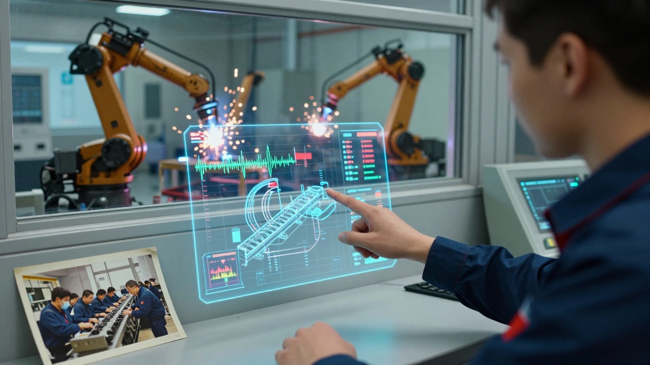 Техник в центре управления анализирует голографическую модель производственной линии.