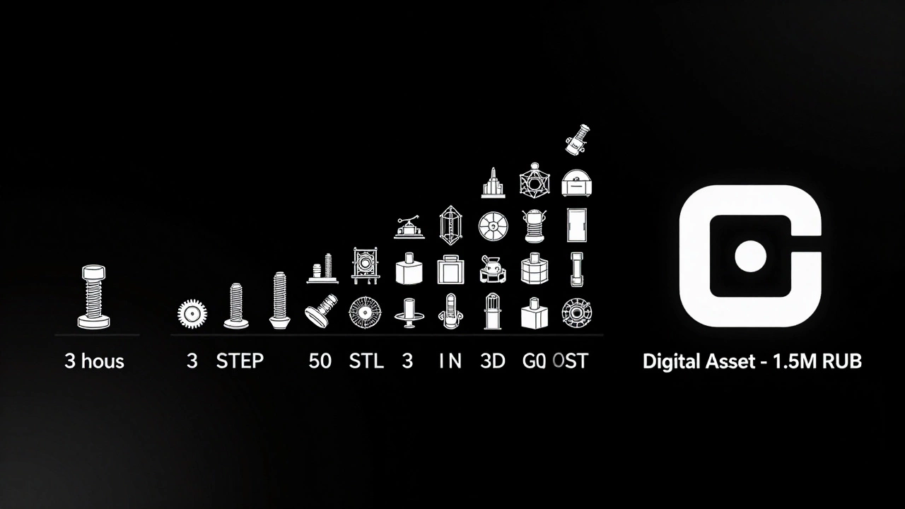 Временная шкала развития библиотеки 3D-моделей от одной детали до цифрового актива стоимостью 1,5 млн рублей.