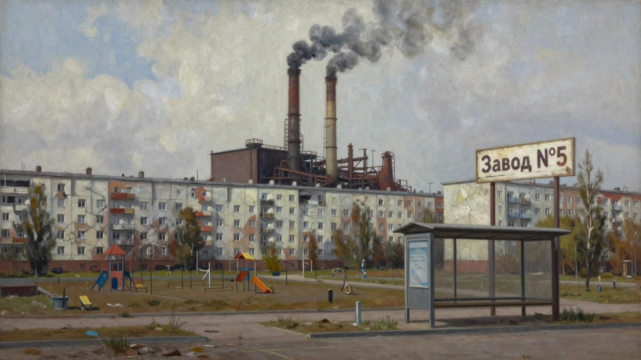 Заброшенный промышленный город на Урале с домами и единственным работающим заводом.