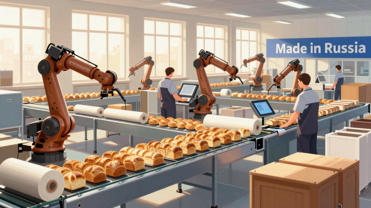 Фабрика по производству хлеба, тканей и мебели с автоматизированными линиями и рабочими.