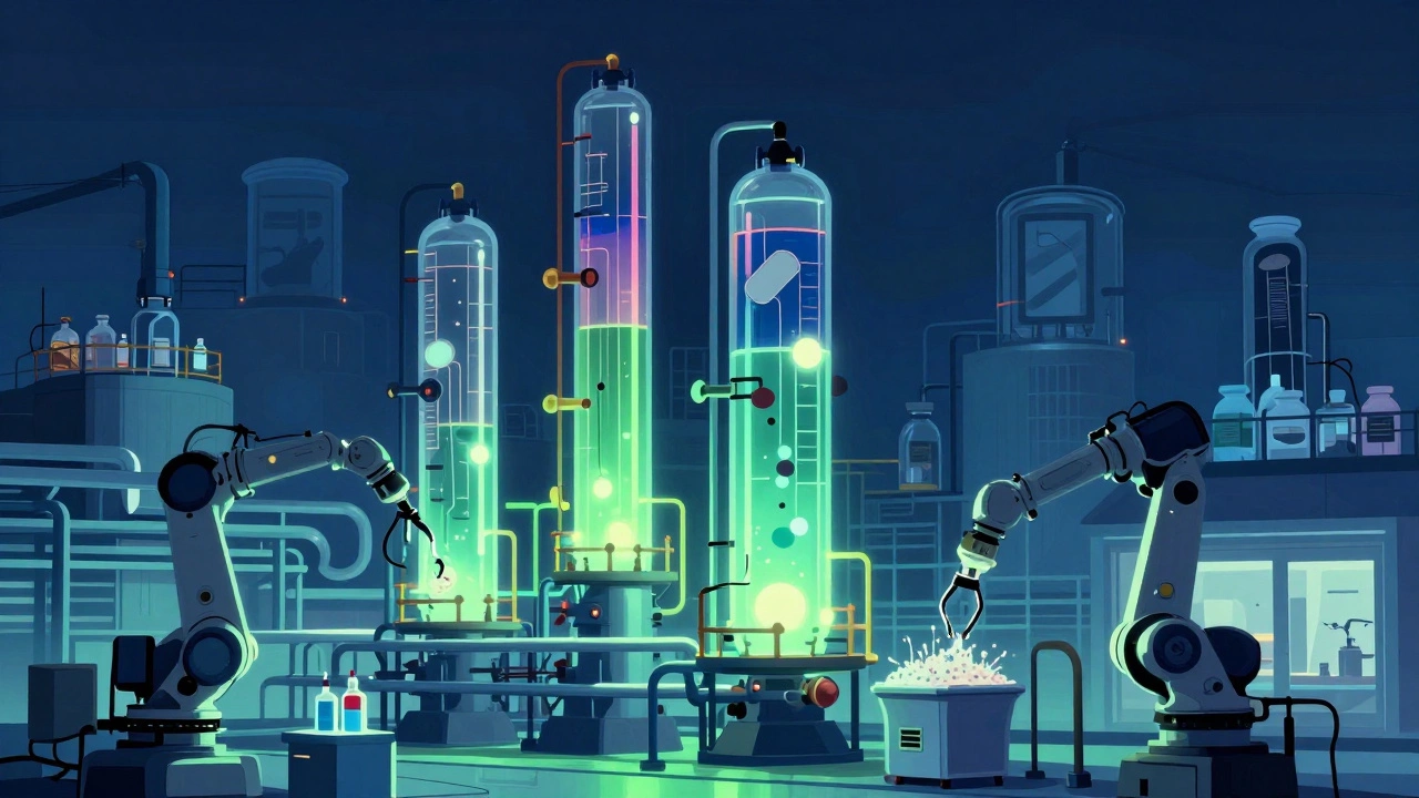 Химический завод в Татарстане ночью с реакторами и роботами, производящими полимеры.