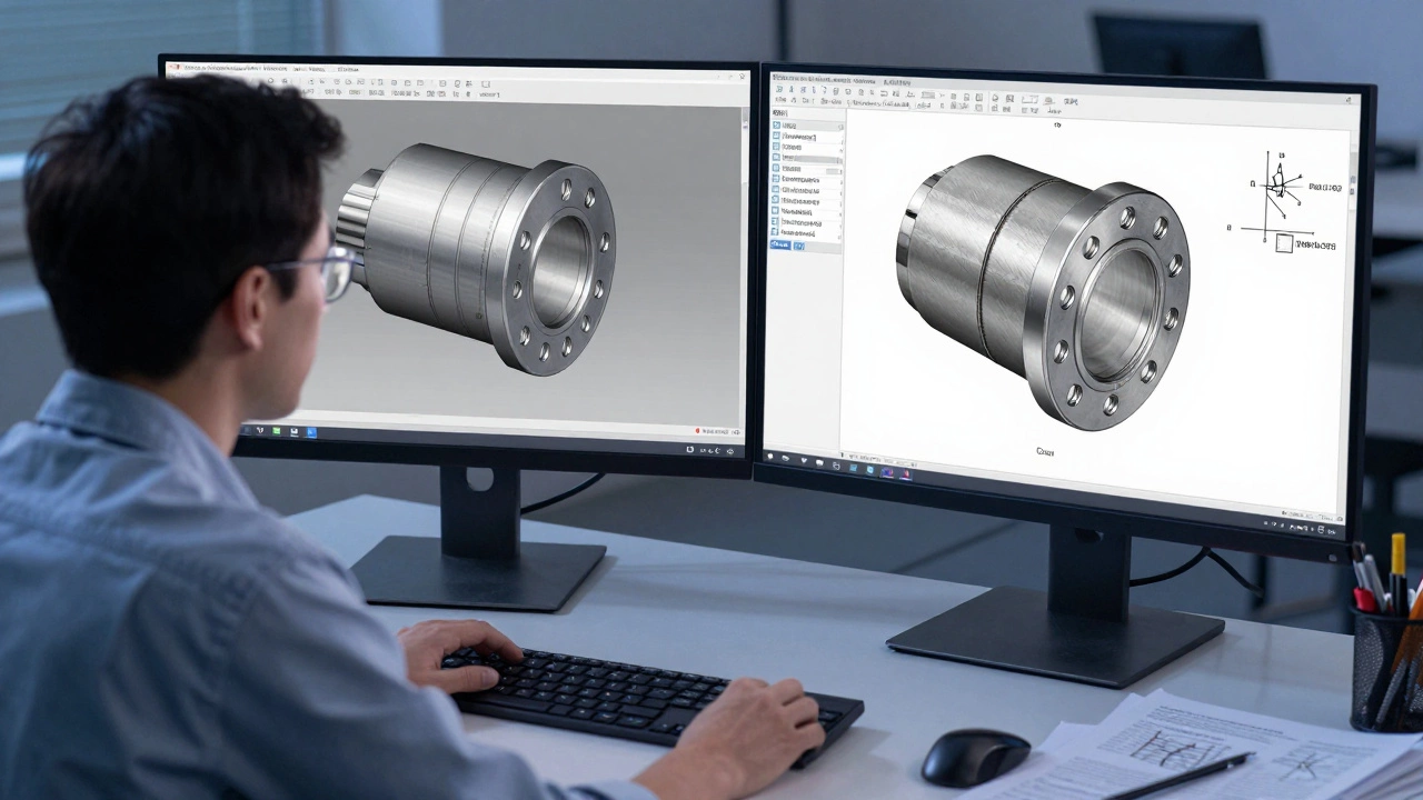 Инженер сравнивает реальную фланцевую деталь с её 3D-моделью по стандартам ГОСТ.