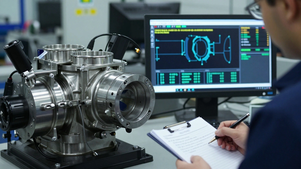 Камеры ИИ сканируют деталь, на экране выделяются микротрещины, инженер анализирует причину брака.