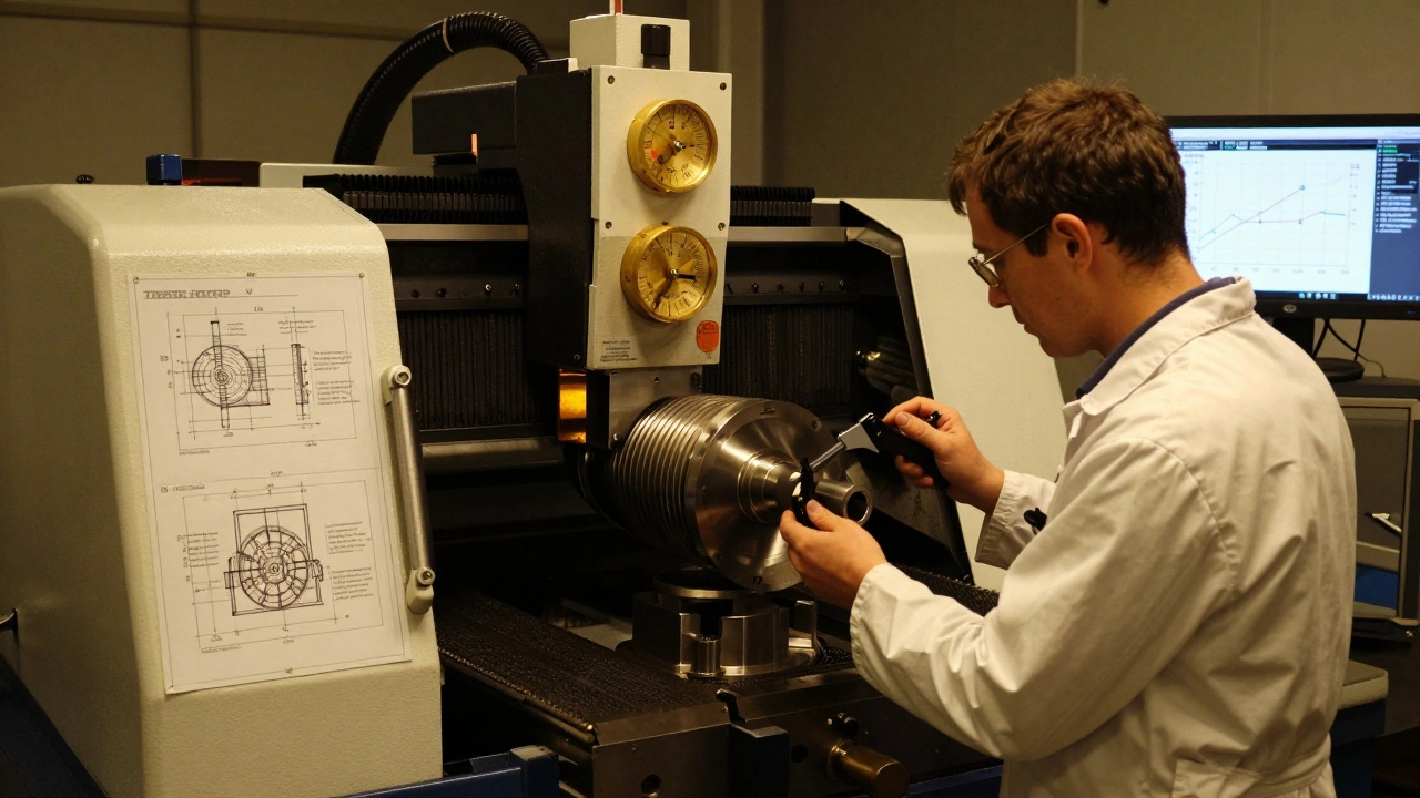 Немецкий цех с долговечным станком Trumpf и техником, работающим с турбинной лопаткой.
