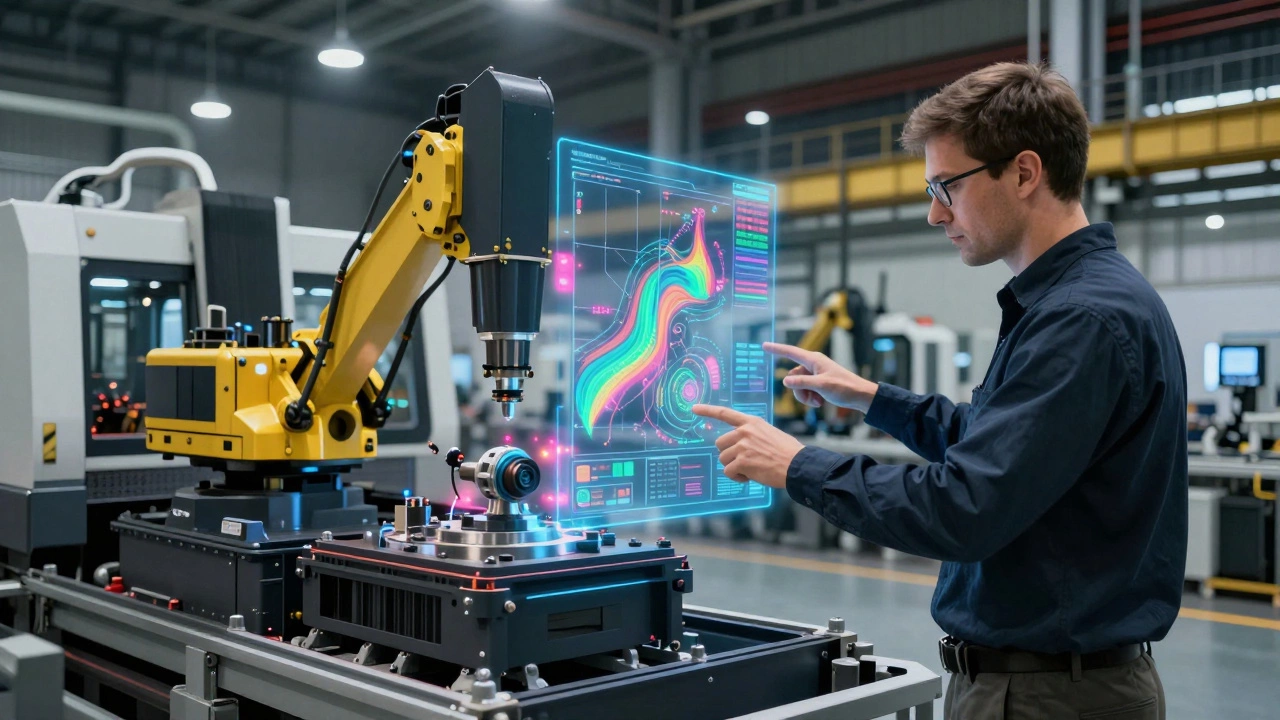 Опытный специалист наблюдает за цифровым двойником тяжелой техники, на фоне — работающие станки с ЧПУ.