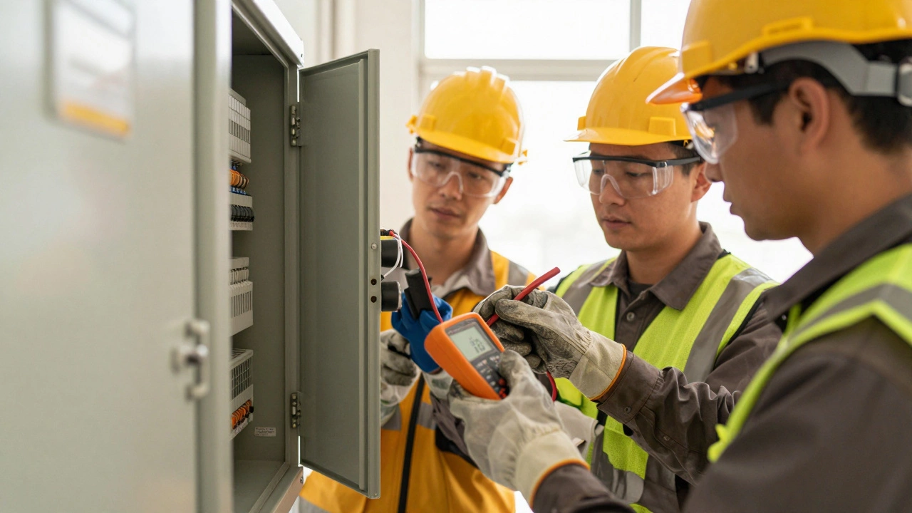 Рабочие проверяют электрическое оборудование с СИЗ