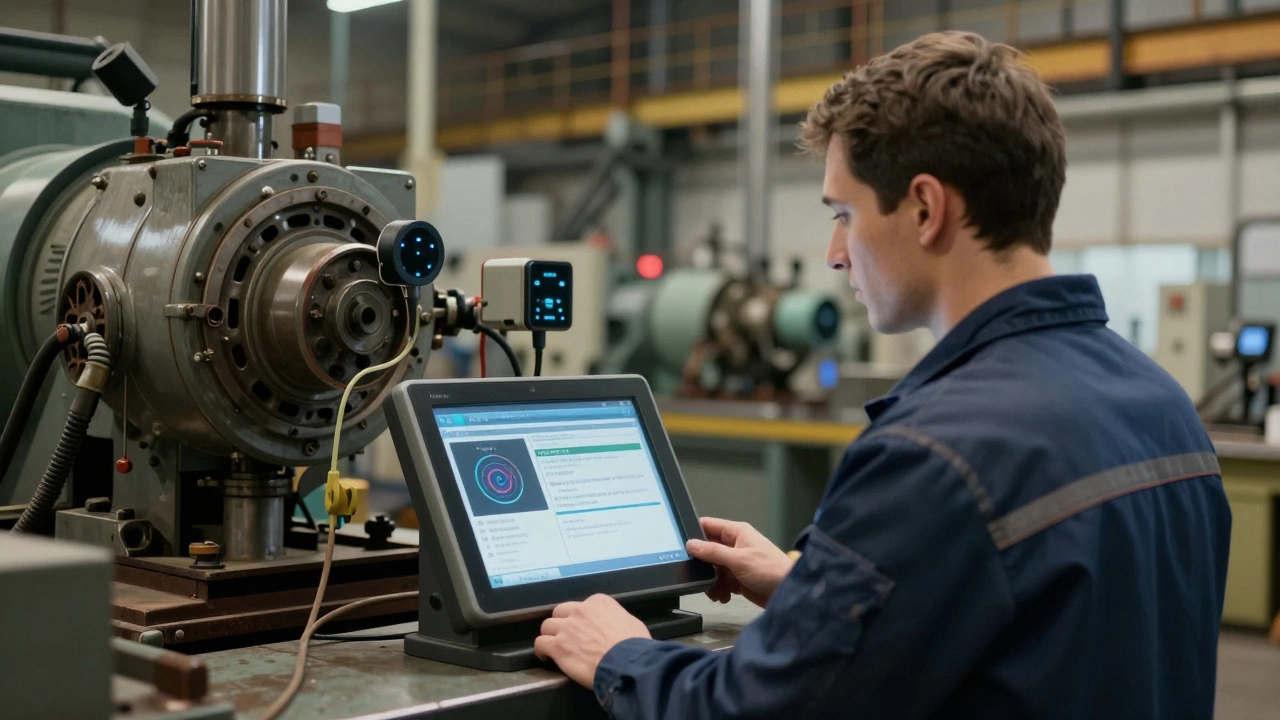 Рабочий контролирует устаревшее оборудование, модернизированное современными датчиками.