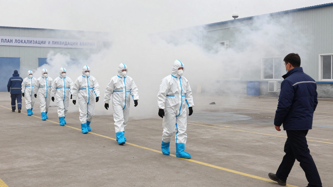 Работники проходят эвакуационную тренировку в промышленной зоне с дымовыми симуляторами.
