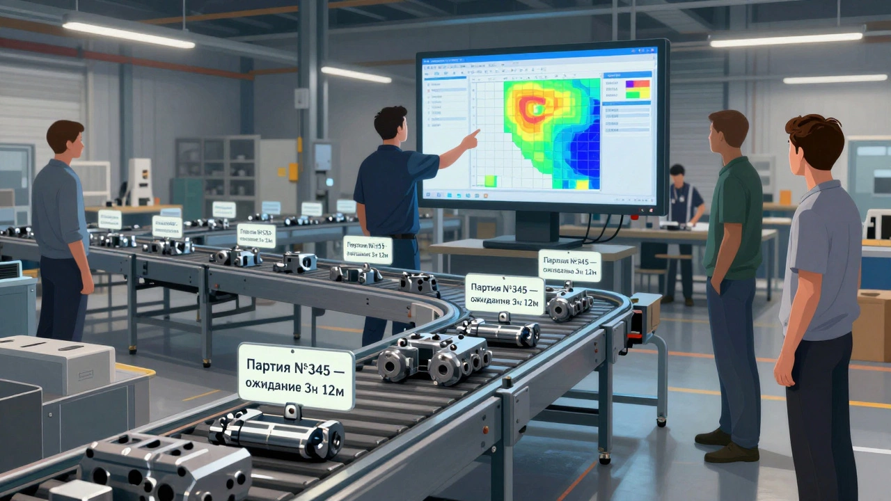 RFID-метки на деталях в цеху отображают время ожидания на экране, помогая сократить простои.