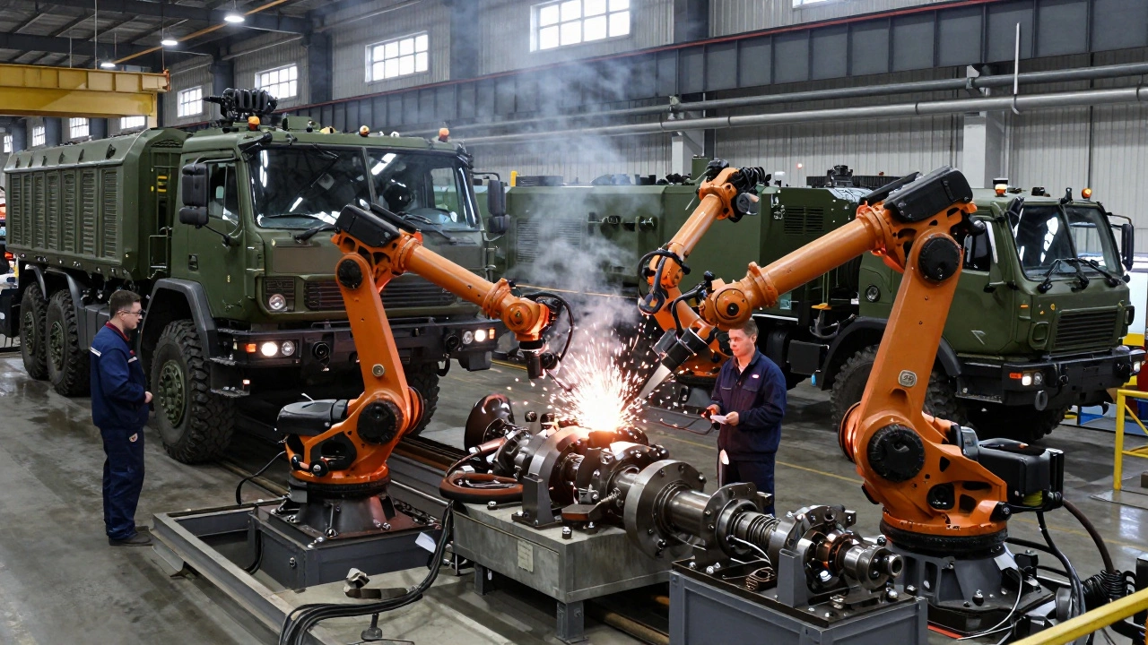 Сборочная линия машиностроительного завода с грузовиками и самолетами.