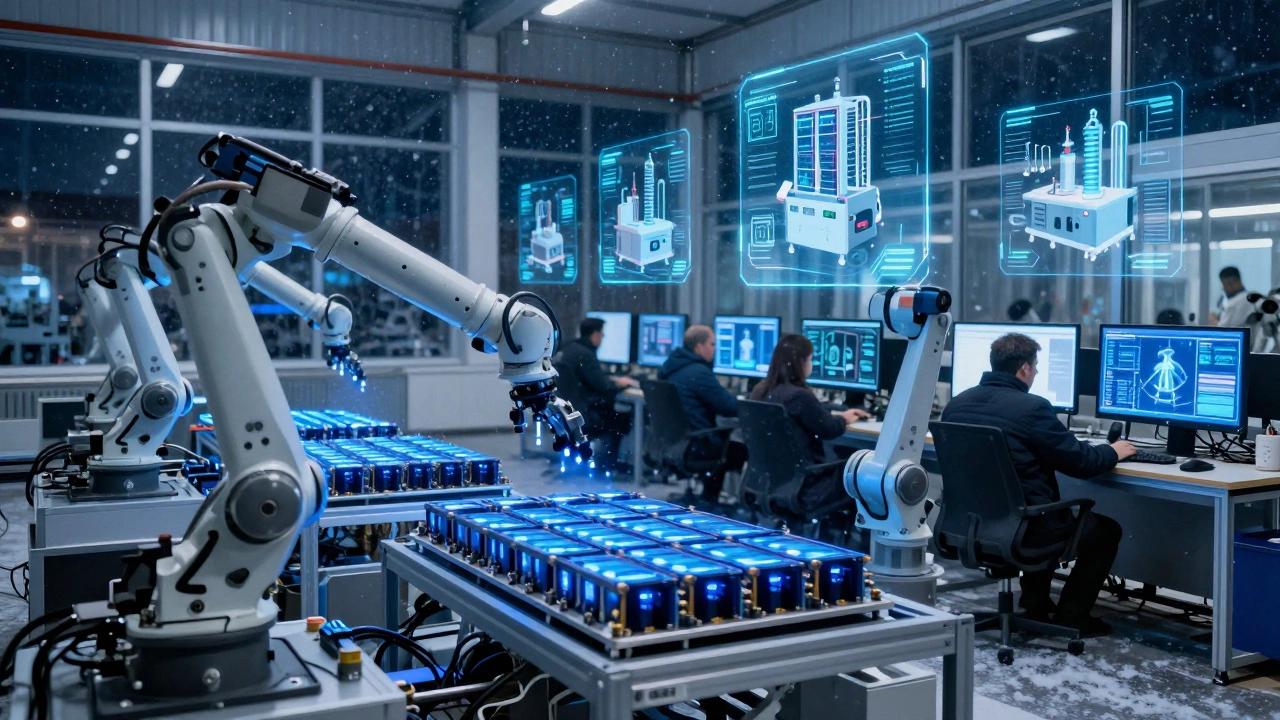 Современный умный завод в Калуге с роботами и цифровыми интерфейсами ночью.