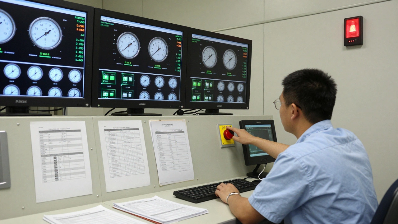 Технический персонал в центре управления реагирует на аварийный сигнал на экранах.