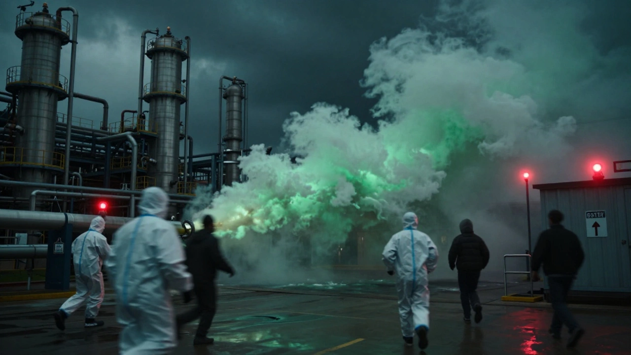 Утечка аммиака на химзаводе, рабочие в защитных костюмах