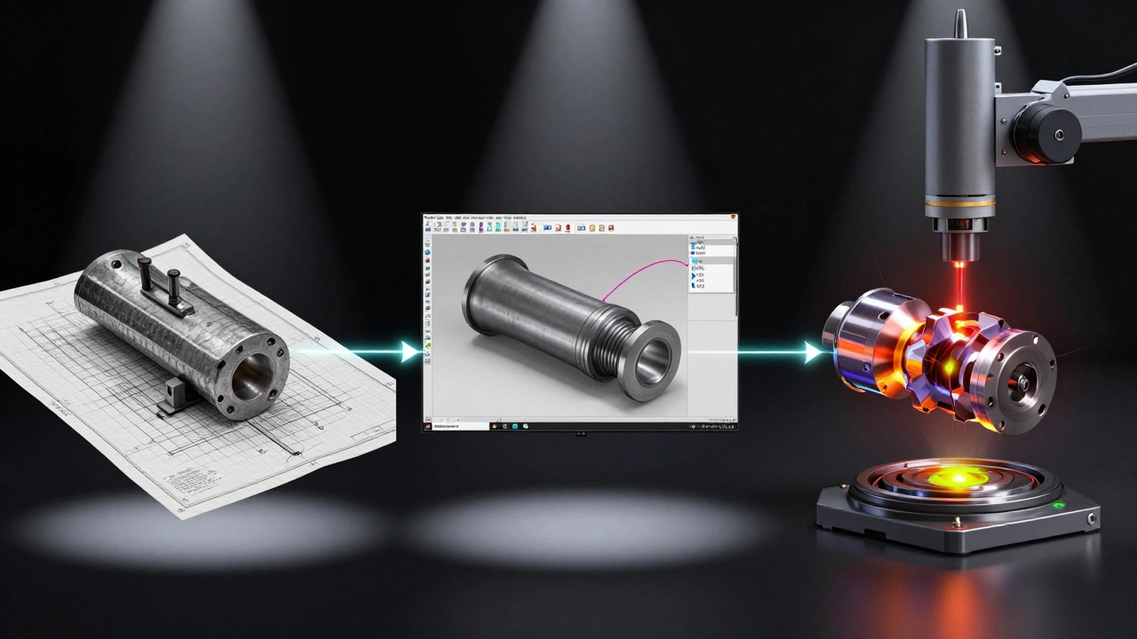 Эволюция детали от чертежа на бумаге до цифрового двойника и контроля качества с помощью лазерного сканера и ИИ.