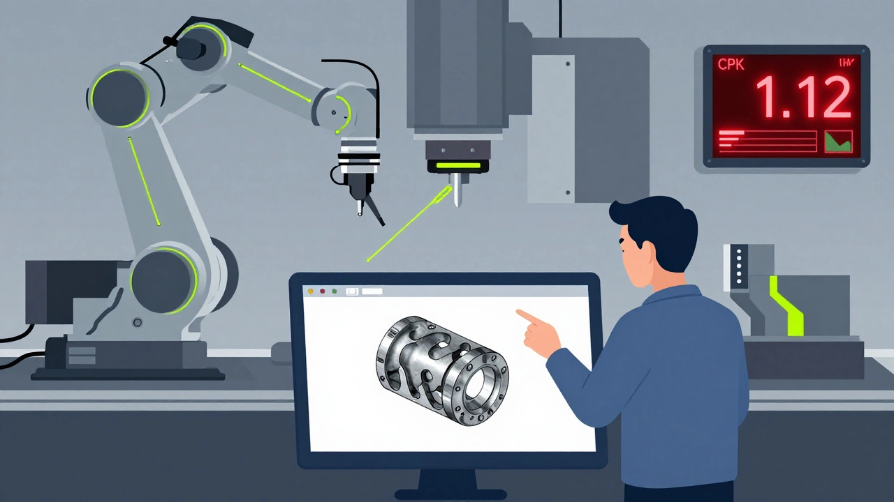 Инженер сравнивает данные лазерного сканирования детали с CAD-моделью, на экране виден предупреждающий индекс Cpk.