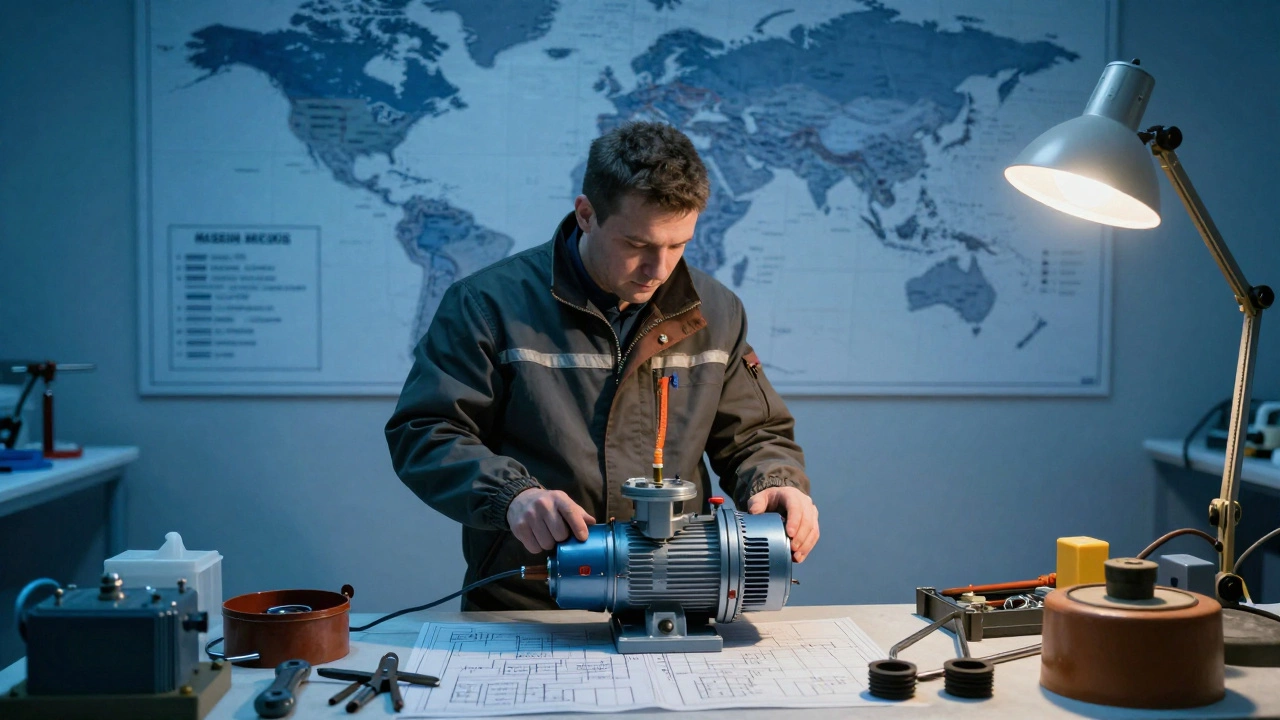 Инженер в Сибири держит специальный насос, работающий при экстремальных температурах, за ним — карта глобального применения российского оборудования.