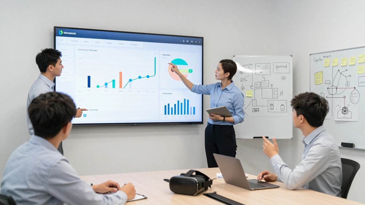 Команда на заводе работает у цифровой стены, рядом лежит VR-очки — символ новой организационной модели.