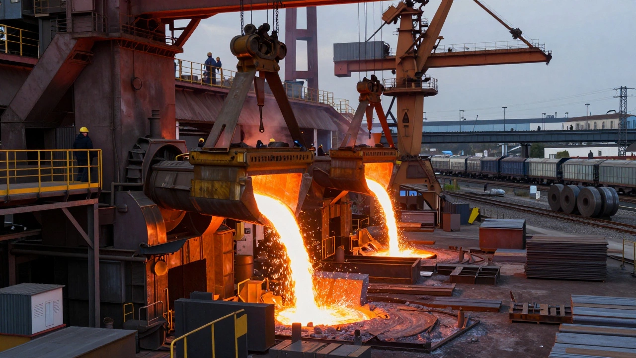 Металлургический завод в Магнитогорске: расплавленная сталь, искры, краны поднимают стальные балки, поезда увозят продукцию.