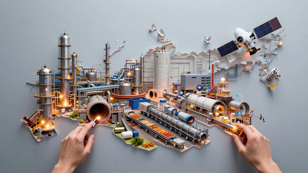 Прозрачный разрез промышленной системы России: химия, добыча, еда и космос, соединённые людьми.