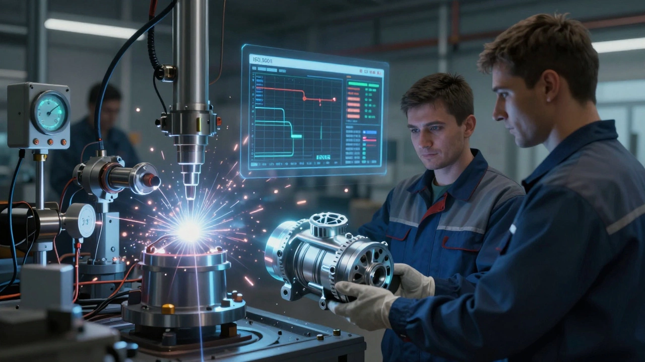 Работник передаёт исправный насос, а за спиной — цифровая система контроля качества.