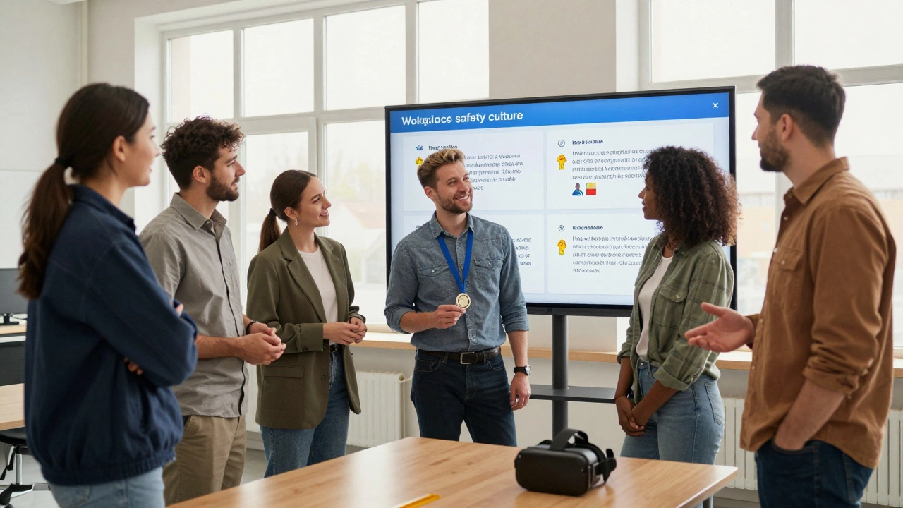 Работники обсуждают предложения по улучшению безопасности на цифровом табло в цеху.