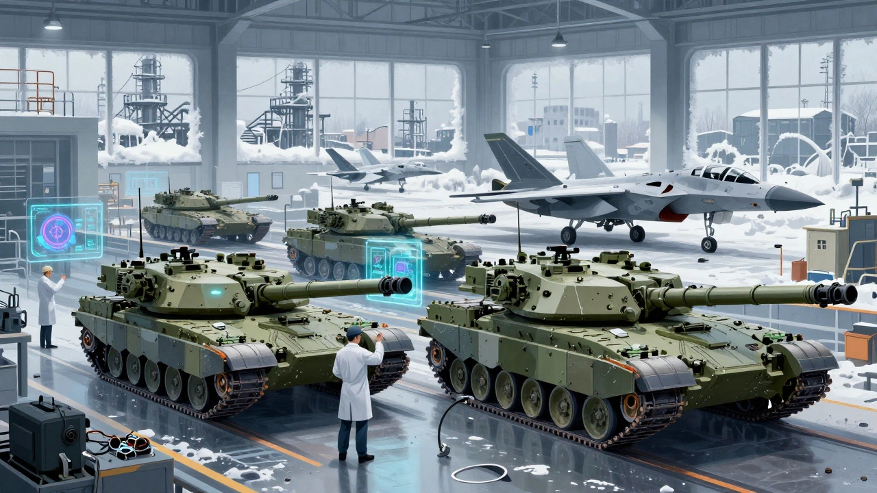 Сборочная линия в российском оборонном заводе, где собирают танки Т-14 и истребители Су-57.