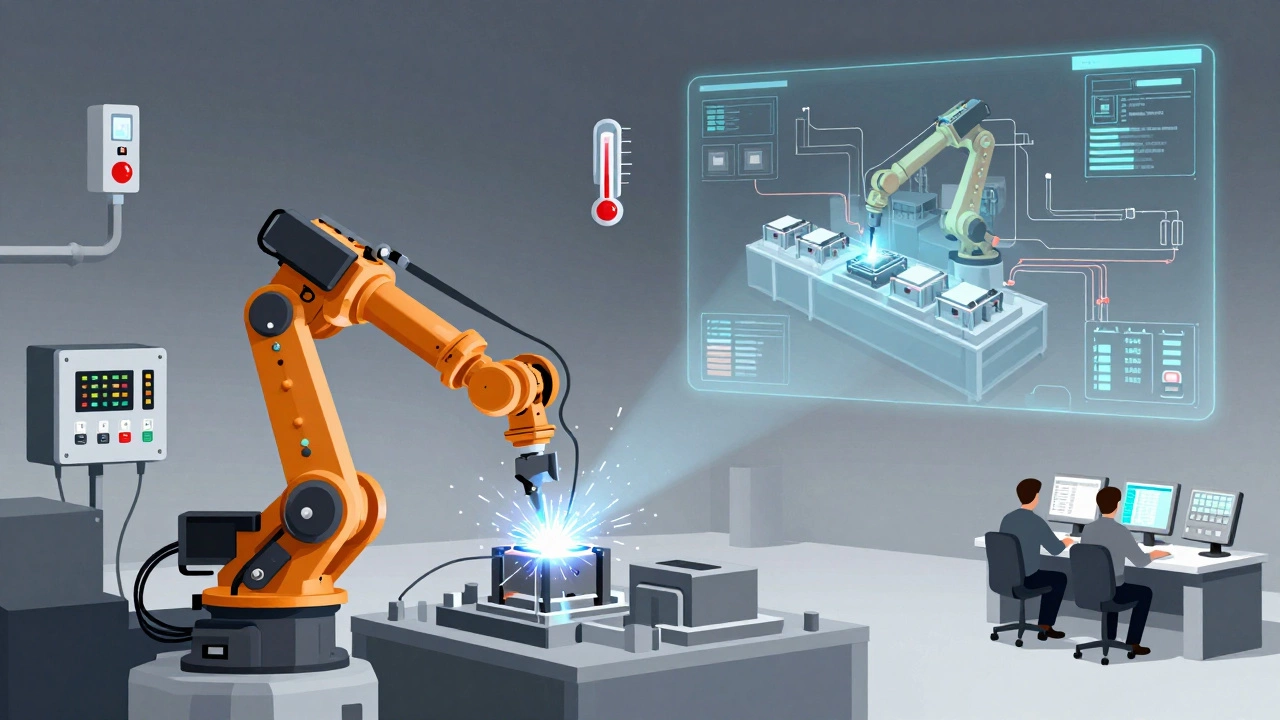 Схема умного завода: роботы, датчики, контроллеры и цифровой двойник в одном изображении.