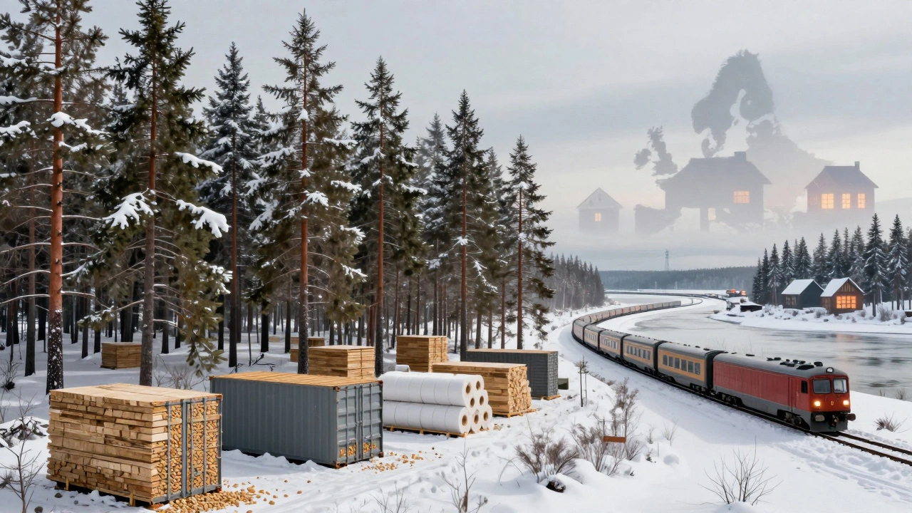 Сибирский лес превращается в пеллеты, фанеру и бумагу, поезд везёт продукцию к порту, европейские дома освещаются биотопливом.